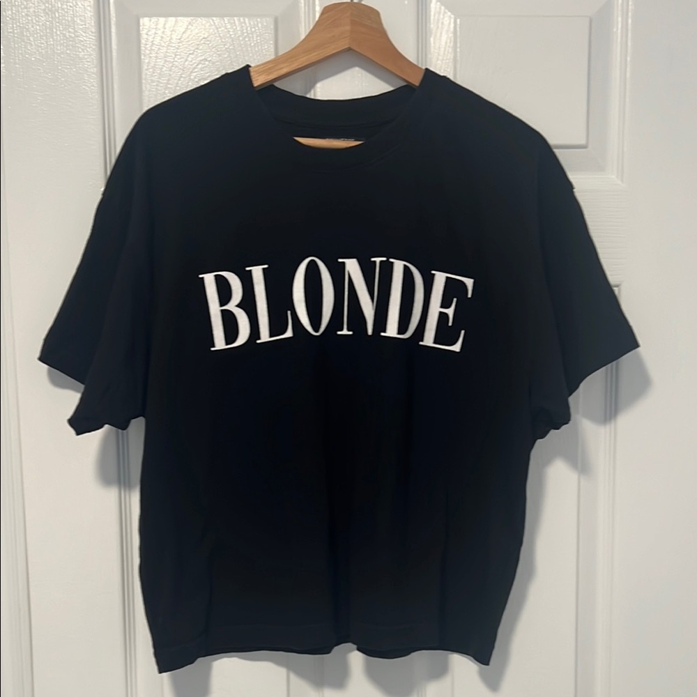 Brunette The Label Black Tee with White 'BLONDE' Print